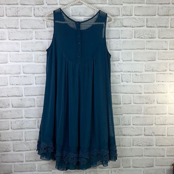 Altar’d State Sheer Sleeveless Flowing Dress Lace Detailing Blue Size Large - Picture 2 of 12